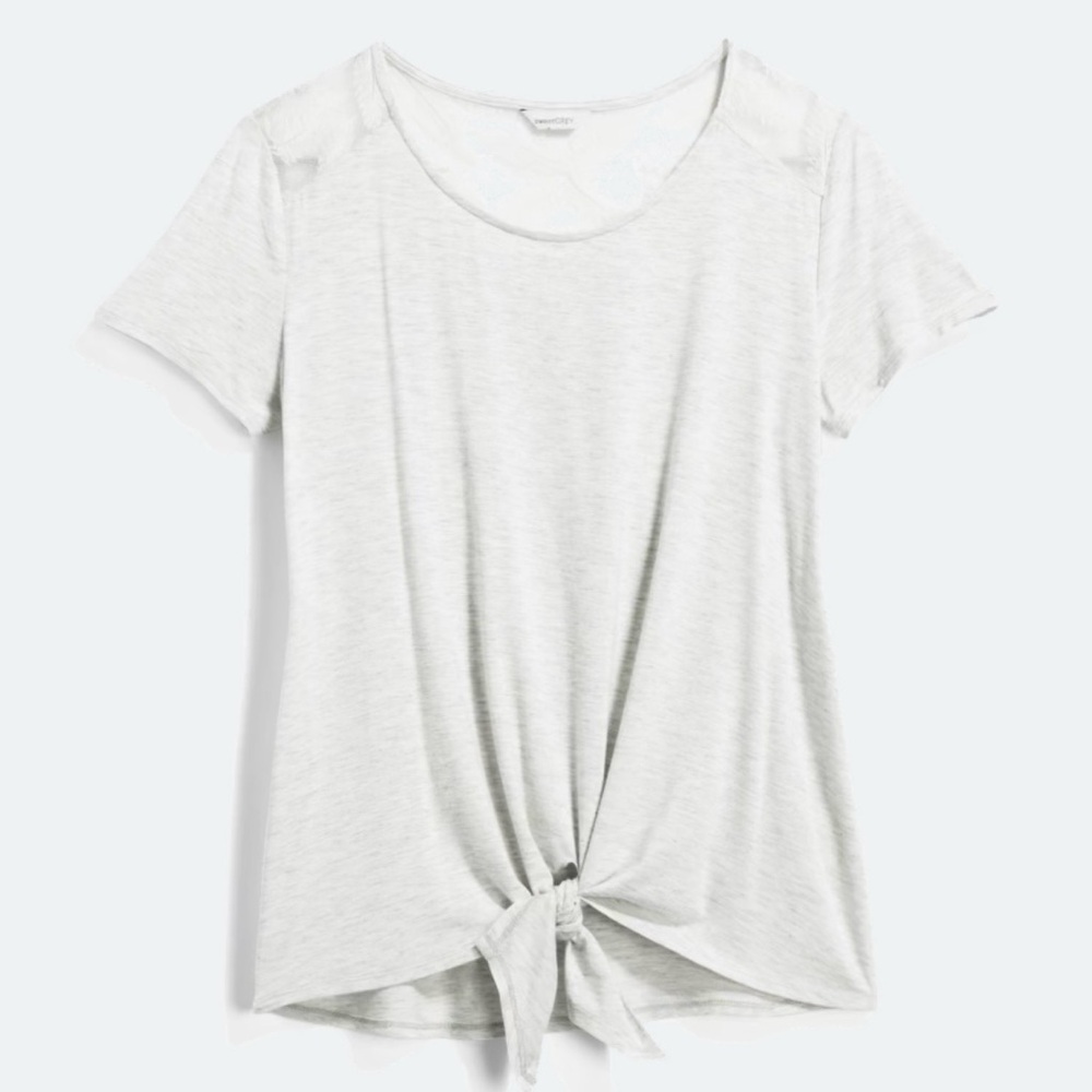 Casual Gray Tie-Front Tee, lace cutout accents